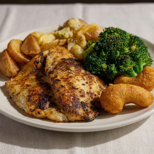 A'Nets Katch grilled fish with roasted potatoes, broccoli, and fried shrimp on a white plate.