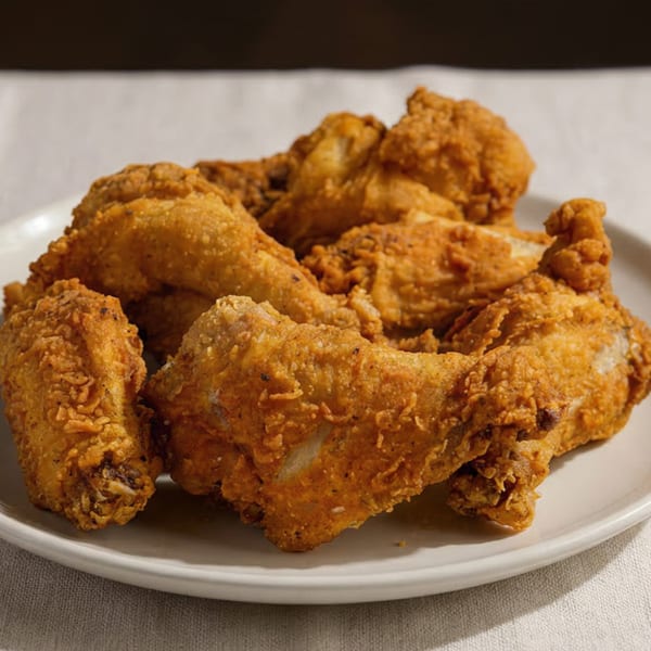 A white plate piled high with golden-brown fried chicken pieces, showcasing crispy texture.