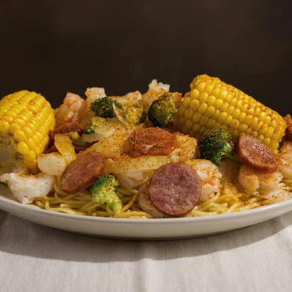 A'Nets Katch seafood pasta with shrimp, sausage, broccoli, and corn on the cob.