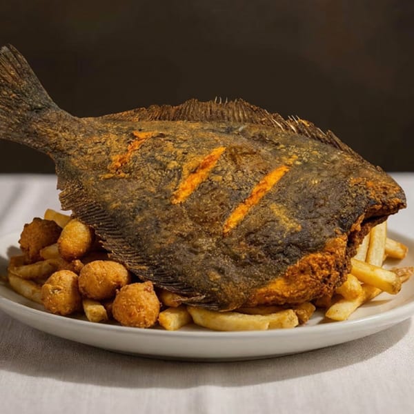 A whole fried flounder, golden brown, served with french fries and hush puppies on a white plate.